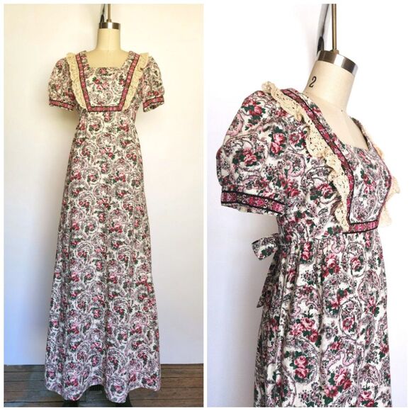 70s Floral Maxi Dress - Prairie Peasant Dress - Gunne Style Dress - Romantic XS - Picture 1 of 9